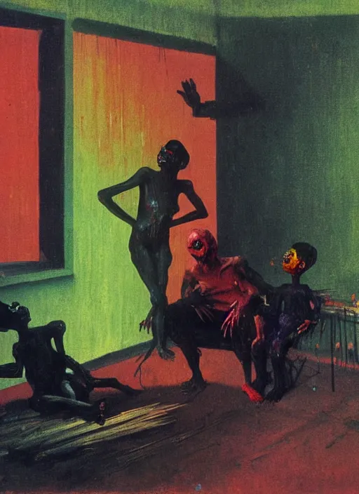 Image similar to two dark figures laughing and a black child inside a decayed contemporary living room with large tree in the style of Francis Bacon and Zdzislaw Beksinski, Edward Hopper and Norman Rockwell, highly detailed, very coherent, triadic color scheme