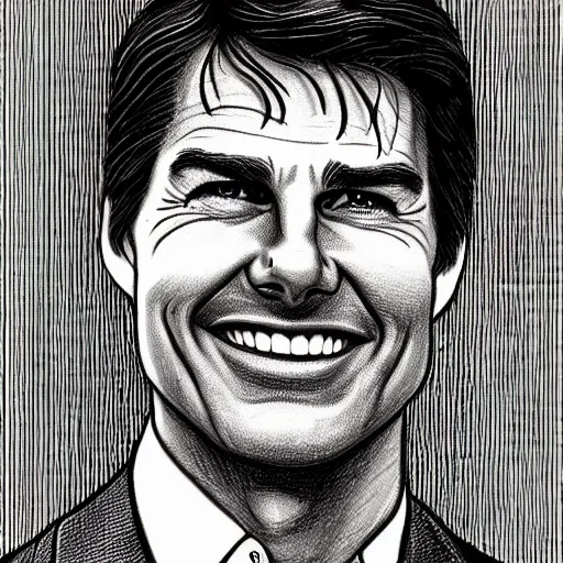 Image similar to a portrait drawing of Tom Cruise drawn by Robert Crumb