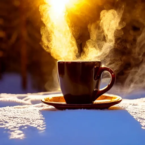 Prompt: cup of coffee steaming in the snow, 4k HD award winning photograph, golden hour, close up