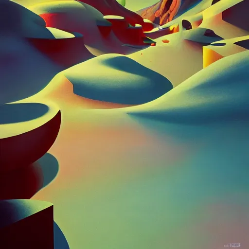 Image similar to pop-surrealist landscape painting, octane render, unreal engine, very nice pastel colors, lights and shadows, glowing hot sun, very coherent, Houdini algorithmic generative art, painted by Edward Hopper, Wayne Barlowe, painted by James Gilleard, airbrush, art by JamesJean