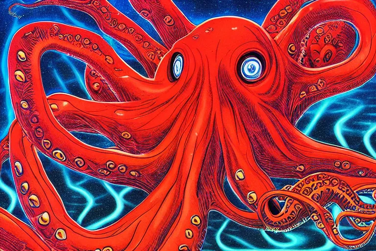 Image similar to digital art of a ominous red octopus in the deep sea alone by alex grey, (arcylic), ((synthwave)),