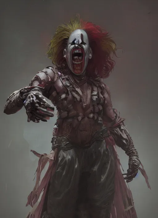 Image similar to a Photorealistic dramatic hyperrealistic render of an eerie SPAWN comic supervillain character the Evil Clown Violator by WLOP,Greg Rutkowski,Alphonse Mucha, Beautiful dynamic dramatic dark moody lighting,shadows,cinematic atmosphere,Artstation,concept design art,Octane render,8K