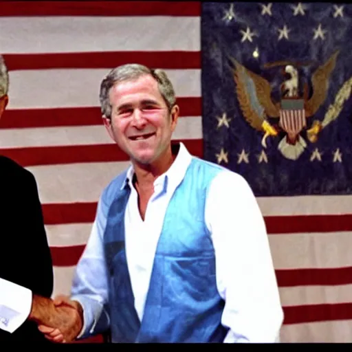 Image similar to george w bush shaking hands with osama bin laden, 8k cinematic lighting, very sharp detail, anatomically correct