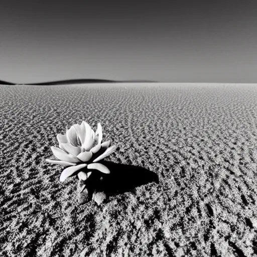 Image similar to a single small pretty desert flower blooms in the middle of a bleak arid empty desert, sand dunes, clear sky, low angle, dramatic, cinematic, tranquil, alive, life.