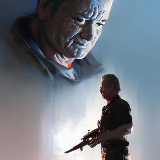 Image similar to bill murray as the terminator, dramatic light, painted by stanley lau, painted by greg rutkowski, painted by stanley artgerm, digital art, trending on artstation