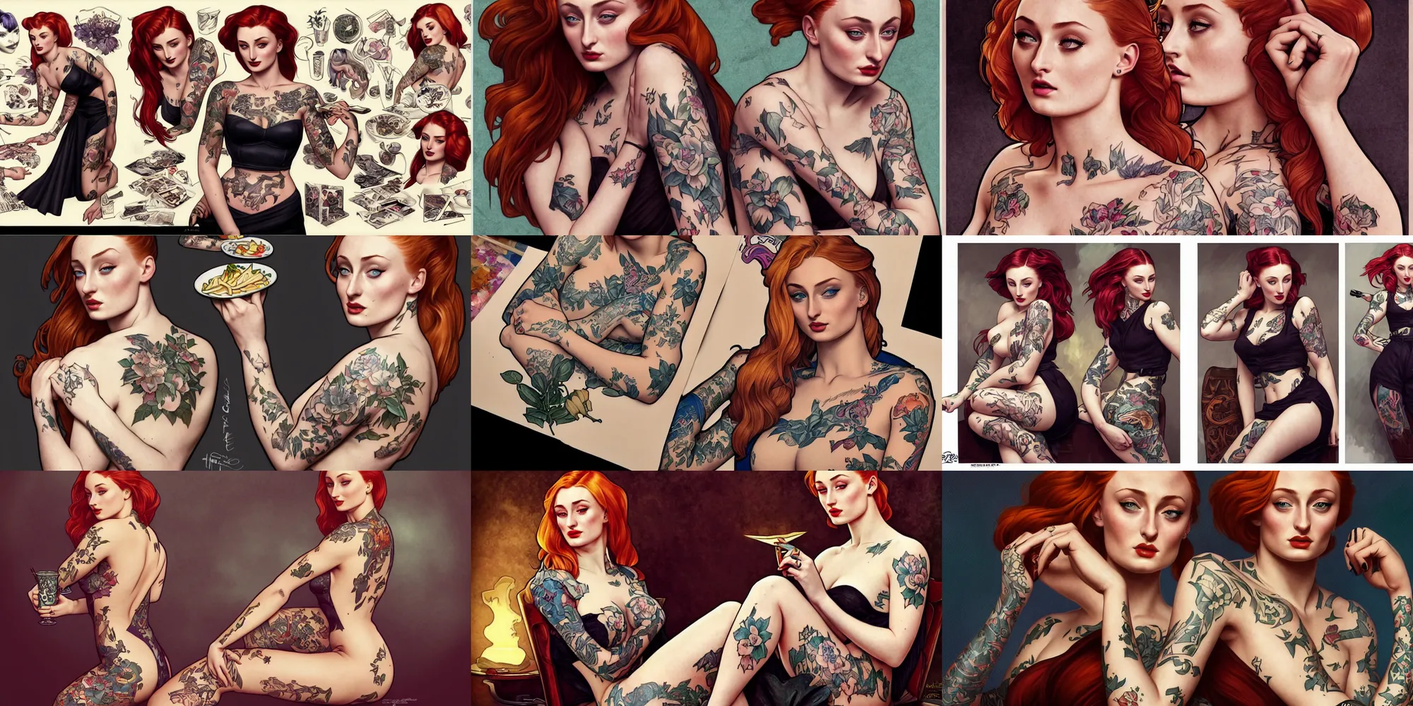 Prompt: sophie turner as a tattooed pinup eating dinner, character sheet, character design, contrast, deep focus, turnaround, highly detailed, dramatic lighting, digital painting, artstation, concept art, matte, sharp focus, illustration, elegant, art by artgerm and greg f and alphonse mucha.