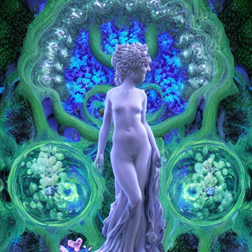 Image similar to glowing delicate flower and mushrooms that grow in a dark fatansy forest on the planet Pandora, an idealistic marble statue with fractal flowery hair in a fractal garden, - W 704