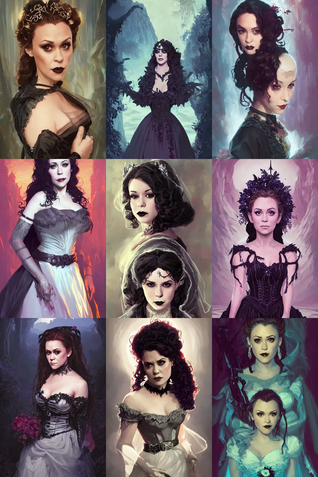 Prompt: portrait of a young alyssa milano as a gothic bride, dan mumford, beeple, wlop, rossdraws, james jean, marc simonetti, artstation giuseppe dangelico pino and michael garmash and rob rey and greg manchess and huang guangjian and makoto shinkai