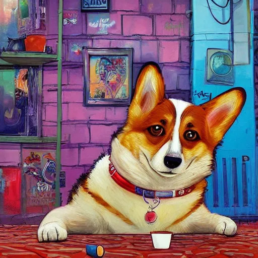 Image similar to a detailed beautiful painting of a graffiti hiphop corgi god chilling in his palace, by Alena Aenami and Esao Andrews, trending on Artstation, intricate detail, 8k