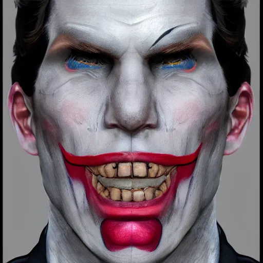 Prompt: Jerma in real life with joker makeup, realistic, very realistic, hyperrealistic, highly detailed, very detailed, extremely detailed, detailed, digital art, oil painting, trending on artstation, headshot and bodyshot, detailed face, very detailed face, extremely detailed face, HD Quality, 8k resolution