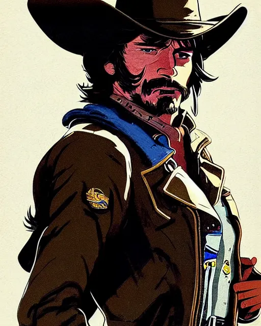 Image similar to mccree from overwatch, poncho blowing in the wind, space cowboy, character portrait, portrait, close up, concept art, intricate details, highly detailed, vintage sci - fi poster, retro future, vintage sci - fi art, in the style of chris foss, rodger dean, moebius, michael whelan, and gustave dore