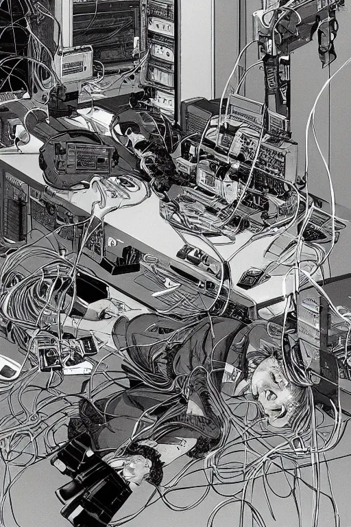 Image similar to beautiful hyperdetailed cyberpunk anime illustration of a feline robot lying in the lab with wires and cables coming out of his head and back, by moebius, masamune shirow and katsuhiro otomo