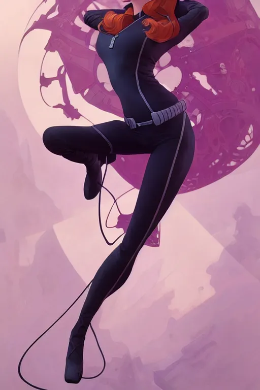 Image similar to gta kim possible as aeon flux profile picture by greg rutkowski, dynamic pose, intricate, futuristic, fantasy, elegant, by stanley artgerm lau, greg rutkowski, thomas kindkade, alphonse mucha, loish, norman rockwell, fantasy lut, asymmetric, long hair, retro computer graphics, video game, fluid lines,