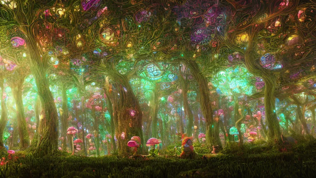 Image similar to 8k, acid trip, hall of mirrors, ultra detailed, a hyperrealistic image of a mycelium forest with neon glowing mushrooms, with magical creatures, by makoto shinkai, trending on patreon, artstation, deviantart. Unreal engine