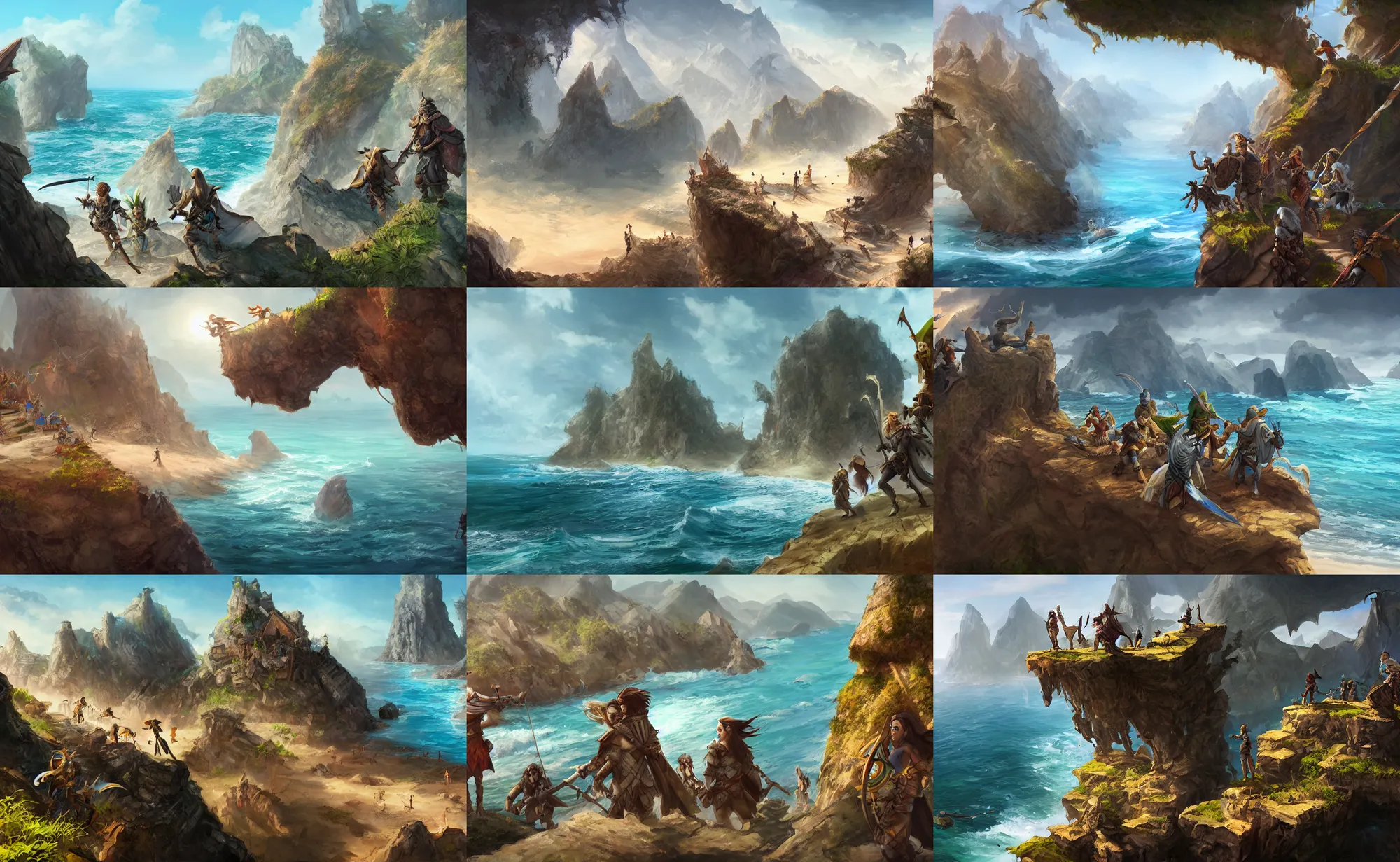 Prompt: group of dnd adventurers hiding on a cliff over a beach, sunny, fantasy art, concept art, digital art, epic, 4 k