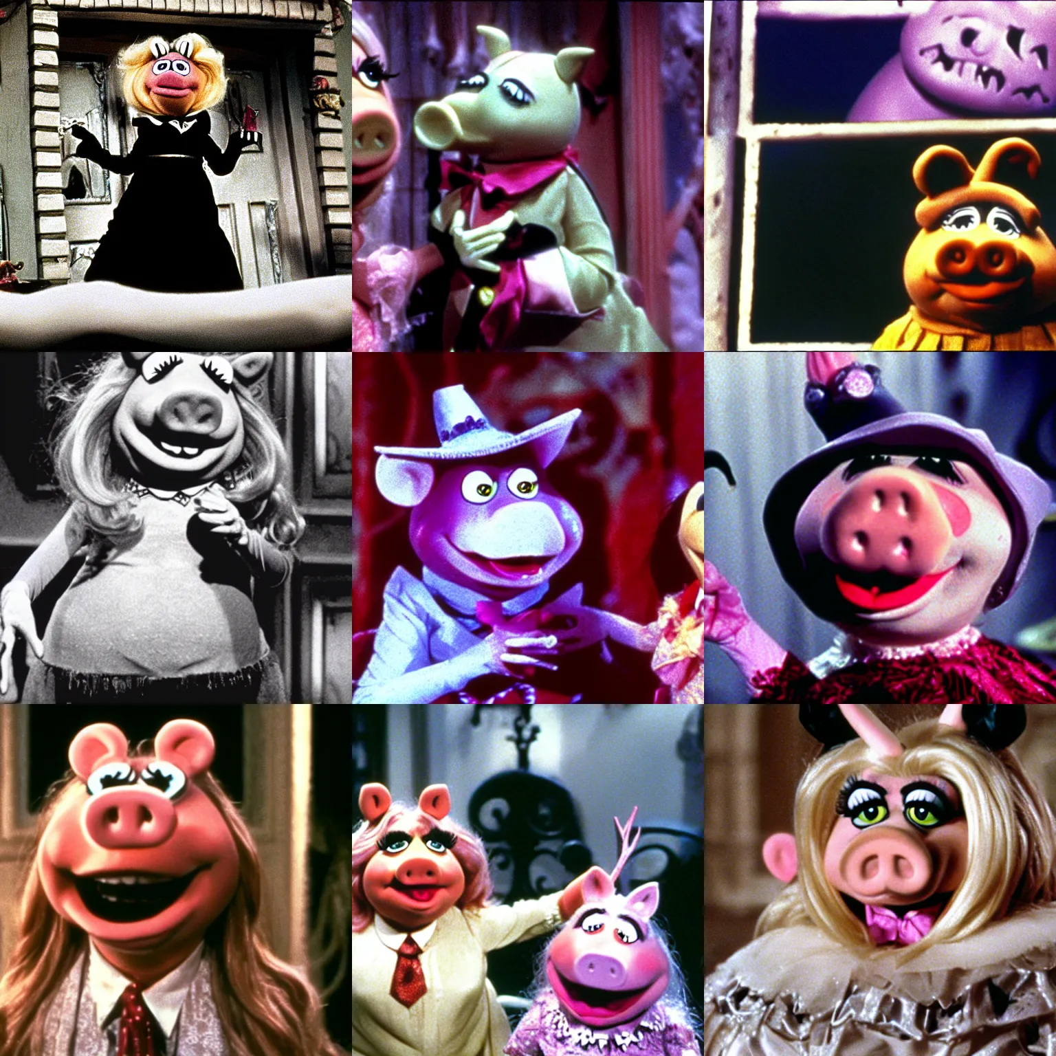 Prompt: a film still of miss piggy in tim burton's the nightmare before christmas ( 1 9 9 3 )