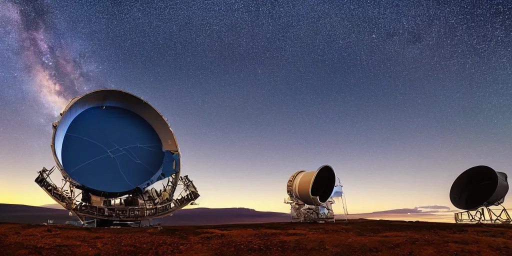 Image similar to huge telescope on mauna kea, starry sky in background, blue color scheme, wide - angle lens, by hiroshi yoshida