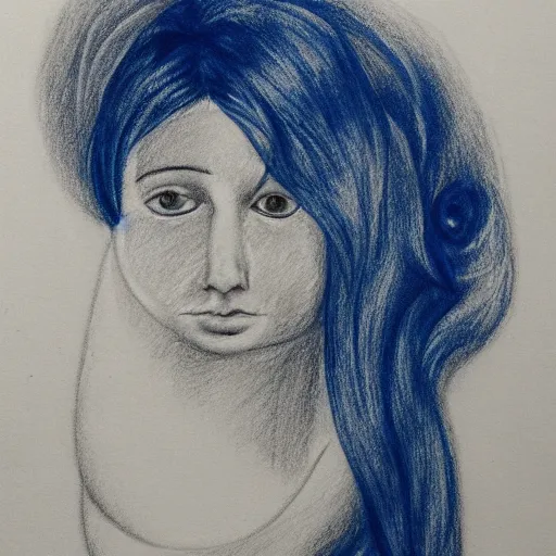 Prompt: abstract pencil drawing of a pregnant woman with blue hair