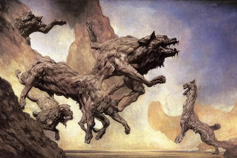 Image similar to hyperdetailed matte art of cerberus by william blake, ilya repin, amano, rene magritte, craig mullins