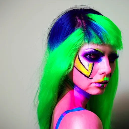 Prompt: Portrait of a beautiful cyberpunk android, orange lipstick, fluorescent pink face paint, bright green hair, metallic cyan bodysuit