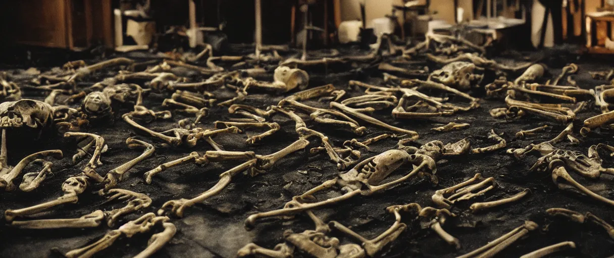 Prompt: filmic closeup dutch angle movie still 4k UHD 35mm film color photograph of a dozen charred burnt human skeletons on the floor of a partly burnt science lab , in the style of a 1980s horror film