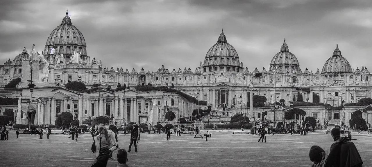 Prompt: Alien Ship landing in the Middle of the Vatican Square, Surprised Priests Watching this moment quietly, Very Restless and Dramatic Atmosphere, Realism, Detailed Journalistic Photography