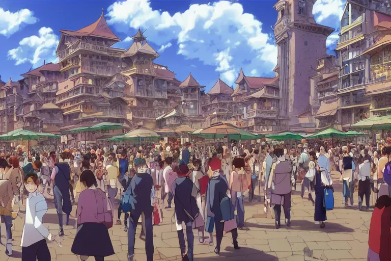 Image similar to cell shaded anime key visual of a renaissance city square, crowds of people, in the style of studio ghibli, moebius, makoto shinkai, dramatic lighting