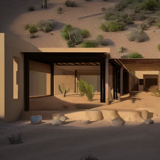 Prompt: desert house made from rammed earth and weathered steel, courtyard with cactus and palo verde trees, photorealistic, detailed, cinematic lighting