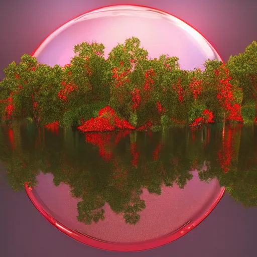 Image similar to A shiny red prism floating over a lake by Jeff Easley, rendered in octane.