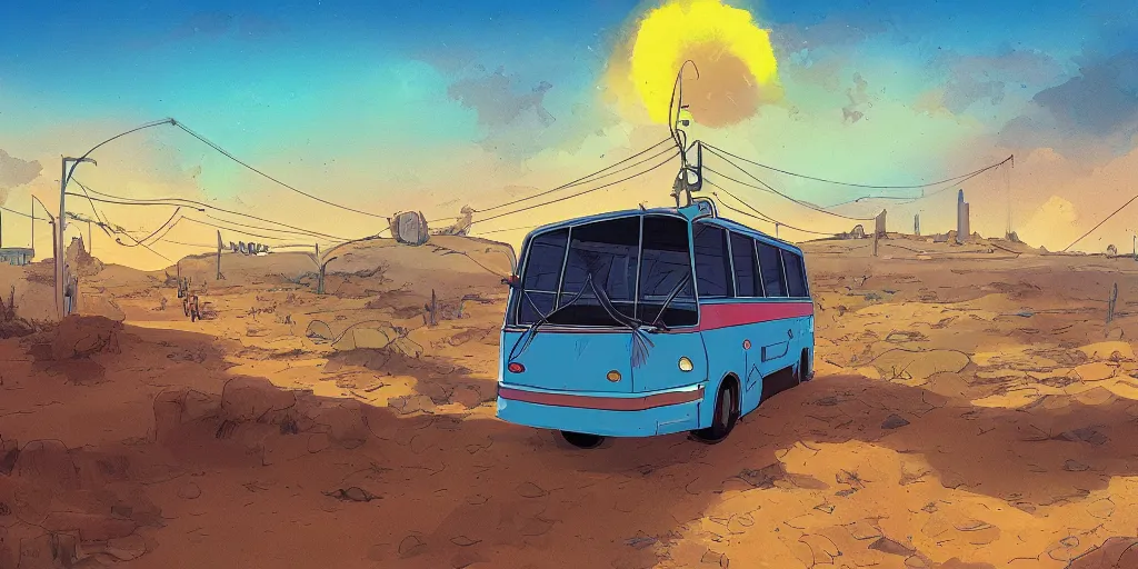 Image similar to an israeli egged bus driving in the negev, noon, sunlights, wide shot, digital art, ghibli style, vivid colors, flat colors, trending on artstation, high quality