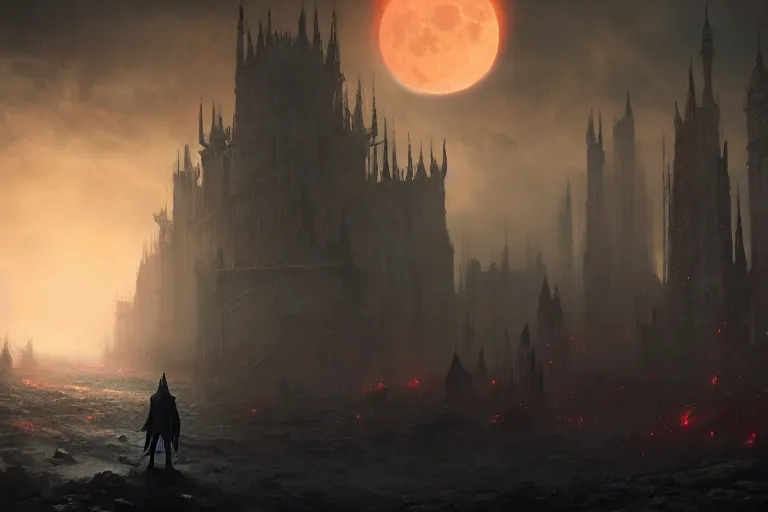 Prompt: an ultra matte painting of teferi in the style of bloodborne, concept art by art by john collier and albert aublet and krenz cushart, scary shadows, blood moon eclipse, octane render, liminal space