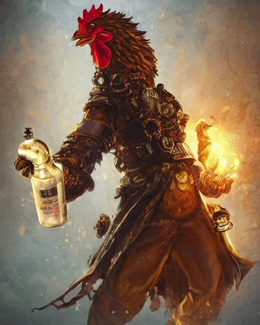 Prompt: Chicken, Anthropomorphized, holding waterthrower, raging, Golden Steampunk city atmosphere, magic the gathering artwork, D&D, fantasy, cinematic lighting, centered, symmetrical, highly detailed, digital painting, artstation, concept art, smooth, sharp focus, illustration, volumetric lighting, epic Composition, 8k, art by Akihiko Yoshida and Greg Rutkowski and Craig Mullins, heroic pose, oil painting, cgsociety