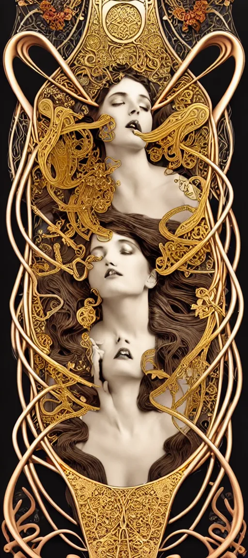 Image similar to the source of future growth dramatic, elaborate emotive Art Nouveau styles to emphasise beauty as a transcendental, seamless pattern, symmetrical, large motifs, hyper realistic, 8k image, 3D, supersharp, Art nouveau 3D curves and swirls, copper and Gold pipes, silk ribbons and golden chains, swarovski crystals, iridescent and black and shiny gold colors , perfect symmetry, iridescent, High Definition, sci-fi, Octane render in Maya and Houdini, light, shadows, reflections, photorealistic, masterpiece, smooth gradients, no blur, sharp focus, photorealistic, insanely detailed and intricate, cinematic lighting, Octane render, epic scene, 8K