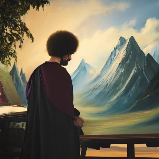 Image similar to a closeup photorealistic photograph of bob ross working on a canvas painting of dr. strange. film still. brightly lit scene. mountains and trees. this 4 k hd image is trending on artstation, featured on behance, well - rendered, extra crisp, features intricate detail, epic composition and the style of unreal engine.