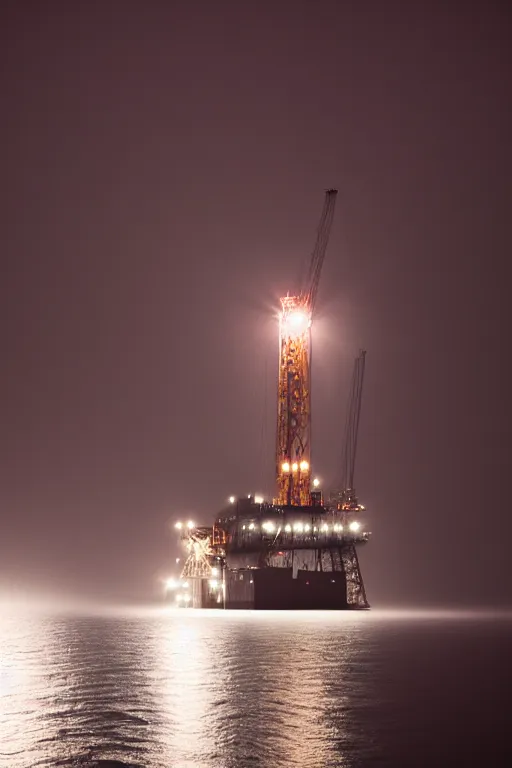 Prompt: oil rig, night, fog, award winning photography