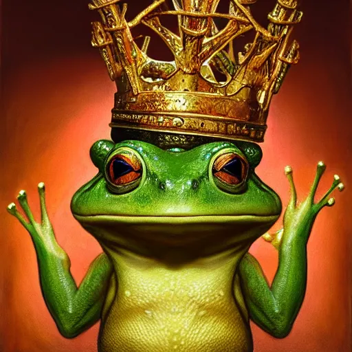 Prompt: a cute frog wearing a golden metal crown, by esao andrews, by m. w. kaluta, volumetric light, rich colors, very humorous oil painting, realistic reflections, smooth, concept art, depth perception, high depth of field, 4 k, unreal engine 5, ultradetailed, hyperrealistic, artstation