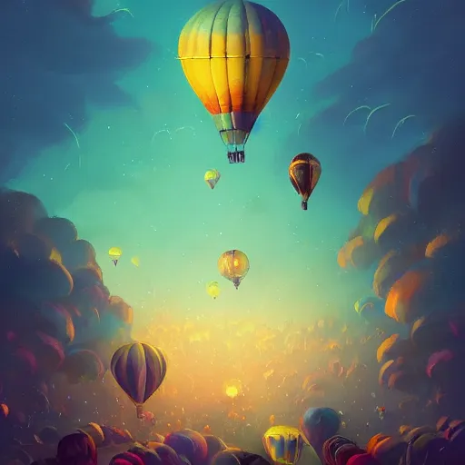 Image similar to a beautiful colorful stunning fantasy whimsical matte digital storybook concept illustration of a night - time hot - air balloon race by marc simonetti and anato finnstark, disney, magical bokeh moon stars, trending on artstation hq, masterpiece