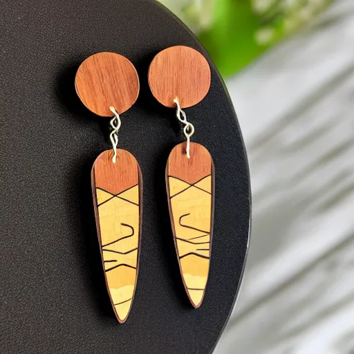 Image similar to wood earrings with crazy shapes and designs, symmetrical