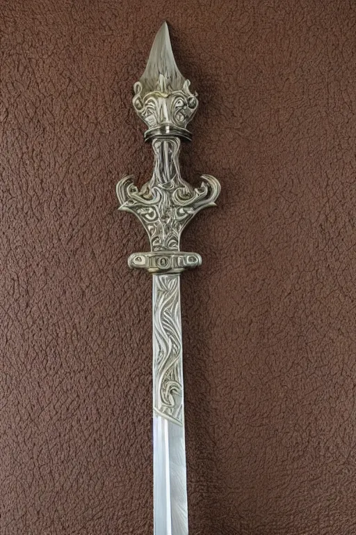 Prompt: sword of justice hanging on a wall, ornate gem in pommel, engraved blade, herringbone floor