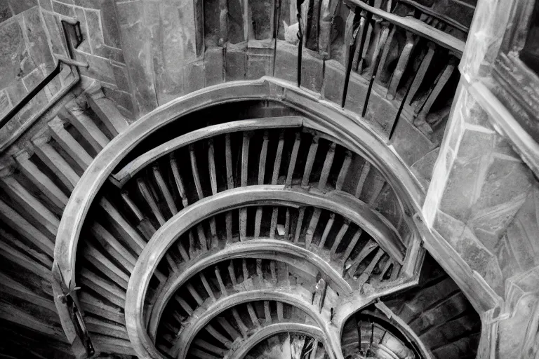 Prompt: Hogwarts stairwell, looking down from above,black and white.