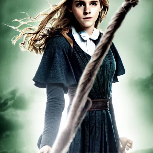 Image similar to emma watson as hermione granger as the wicked witch of the west, green skin, smirking