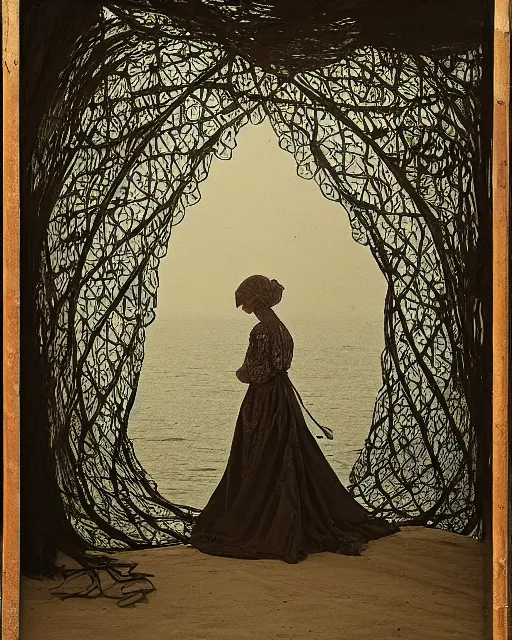 Image similar to a woman standing by the sea, made of intricate decorative lace leaf skeleton, in the style of the dutch masters and gregory crewdson, dark and moody