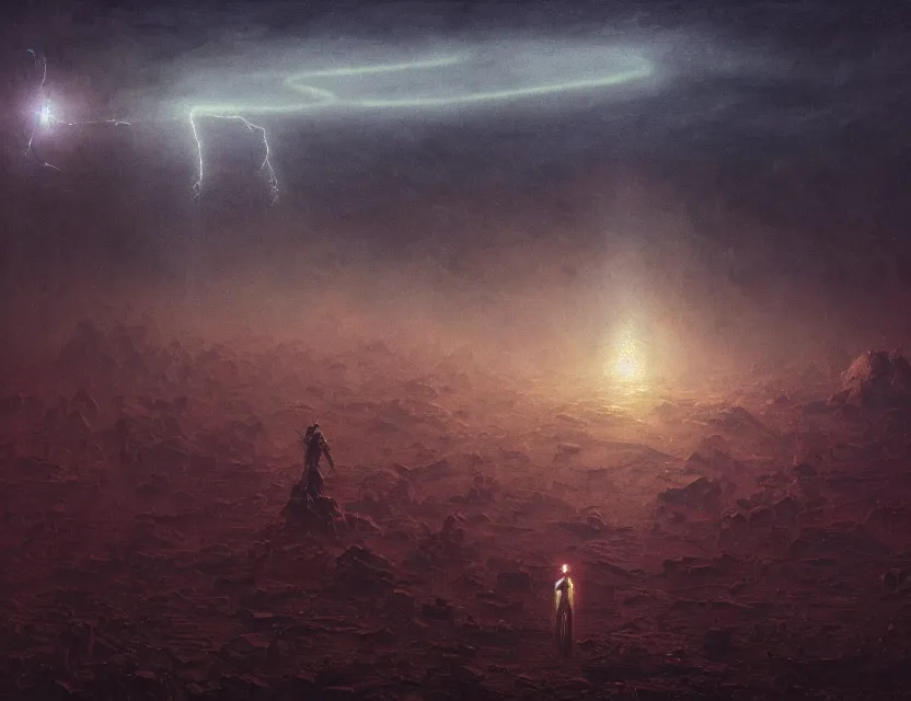 Prompt: a space laces kind of poster cinematic sci - fi scene and science fiction theme with lightning, aurora lighting. clouds and stars. smoke. a ball of light in the middle. futurism. fantasy. by beksinski carl spitzweg and tuomas korpi. baroque elements. oil painting. dramatic. artstation. 8 k