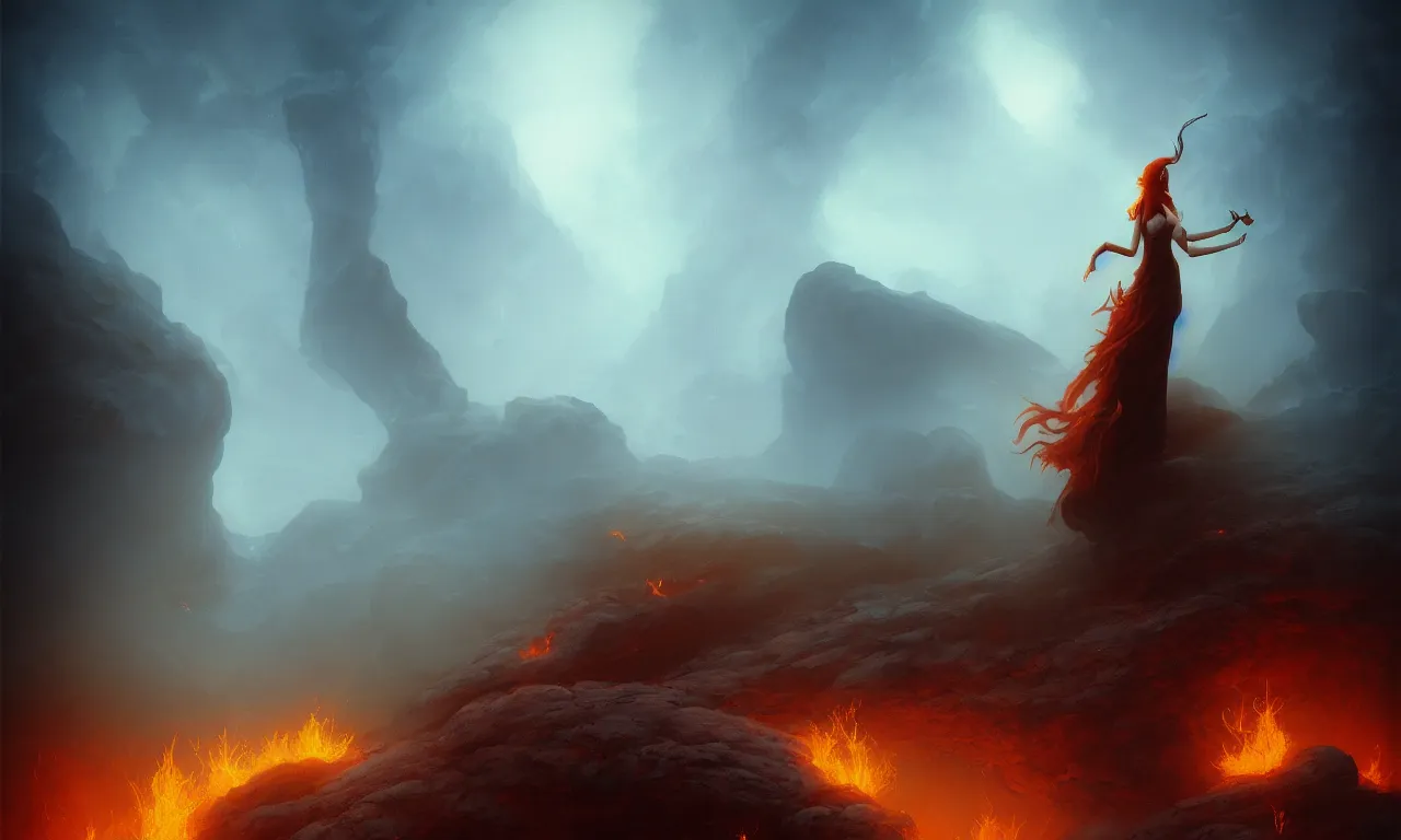 Prompt: the lonely witch standing at the edge of a fiery caldera by bastien deharme and gerald brom and mark arian and omar ortiz, smooth round rocks, deep blue sky, low light, misty, smoky, tonalism, sfumato