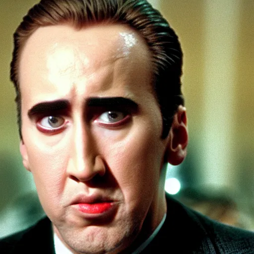 Prompt: frightening, creepy, scary, horrifying nicholas cage in twin peaks, scene from episode directed by david lynch and mark frost, 8 k, 1 9 9 0