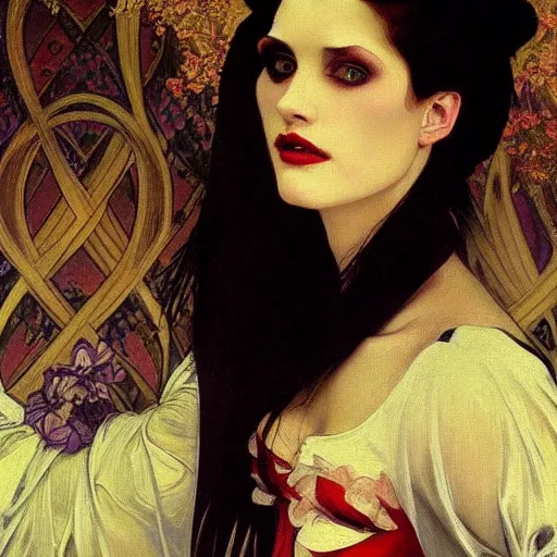 Image similar to A beautiful painting of a lady vampire, victorian, ominous, oil on canvas, photorealism, alphonse mucha, caravaggio, high definition, soft light