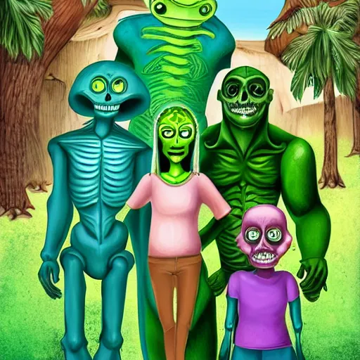 Prompt: A family portrait at the zoo of a sasquatch, a human lizard, a green alien and a skeleton, photorealistic style