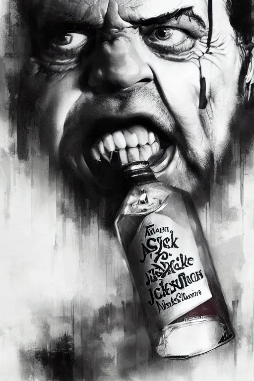 Image similar to a bottle of jack nicholson, jack nicholson is the bottle, jack is in the bottle, by artgerm, ruan jia, greg rutkowski