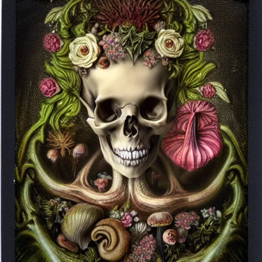 Image similar to a beautiful detailed front view rococo portrait of a rotten woman corpse becoming almost a skull with fractal plants and fractal flowers and mushrooms growing around, intricate, ornate, volumetric light, beautiful lit, polaroid photography, the northman