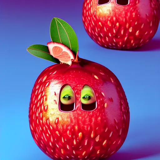 Image similar to fruit character that looks just like michelle obama as a pomegranate, 8 k, fruit eyes, fruit world, beautiful matte painting, by johfra bosschart, hyper realistic, studio lighting, octane render